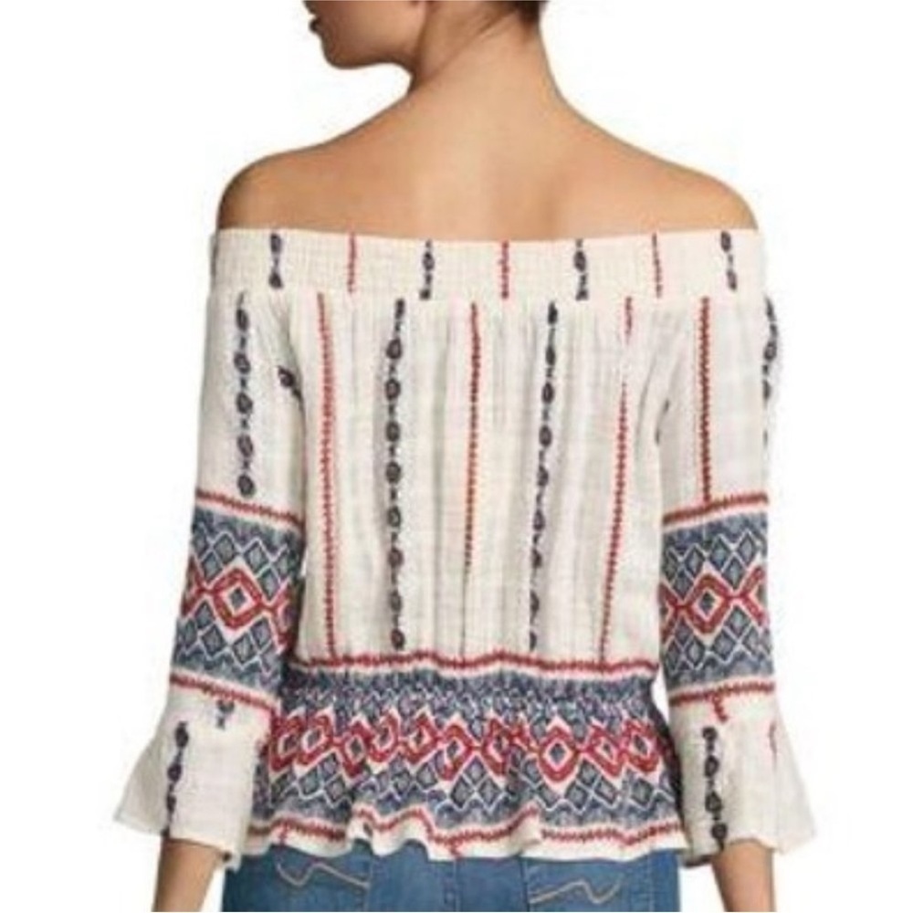 Anthropologie Raga Amalia Off Shoulder Cotton Gauze Peasant Top Ivory Blue Red M - Picture 2 of 11